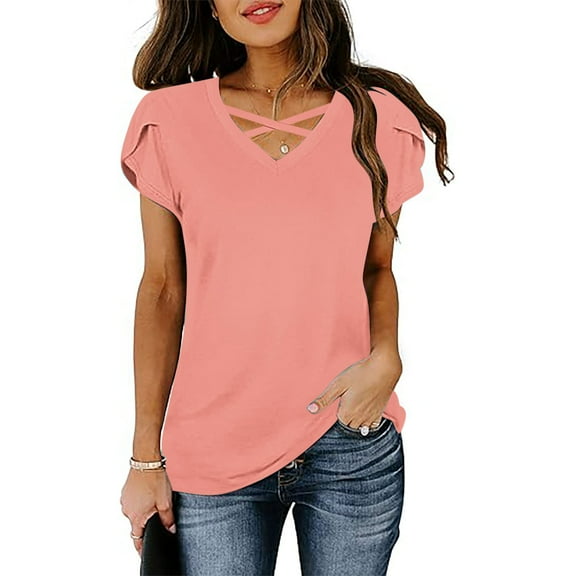 Uaswgudfs ​Women's V-Neck Crossover Summer Tops​ - Puff Sleeve Short Sleeve & Lightweight Fabric for Everyday Casual Wear