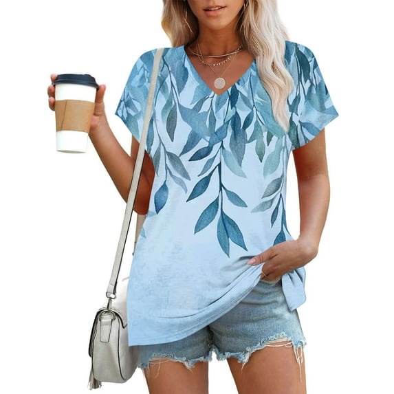 Uaswgudfs Women's V-Neck Dot Print Short Sleeve Top: Vertical Pattern & Relaxed Fit for Trendy Casual Summer BlousesBlue-A2XL