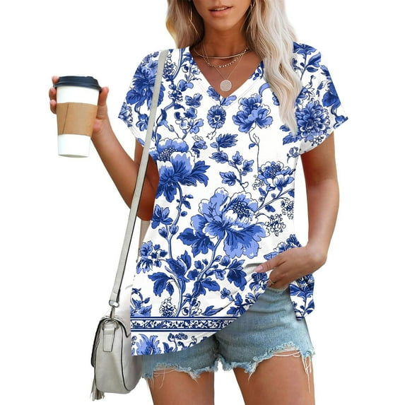 Uaswgudfs Women's V-Neck Dot Print Short Sleeve Top: Vertical Pattern & Relaxed Fit for Trendy Casual Summer BlousesBlue-BL
