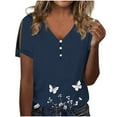 thumbnail image 1 of Uaswgudfs Women's V-Neck Floral Short Sleeve Blouse: Button Accents & Side Slit Detail for Oriental-Inspired Summer Casual TopsDark BlueL, 1 of 5