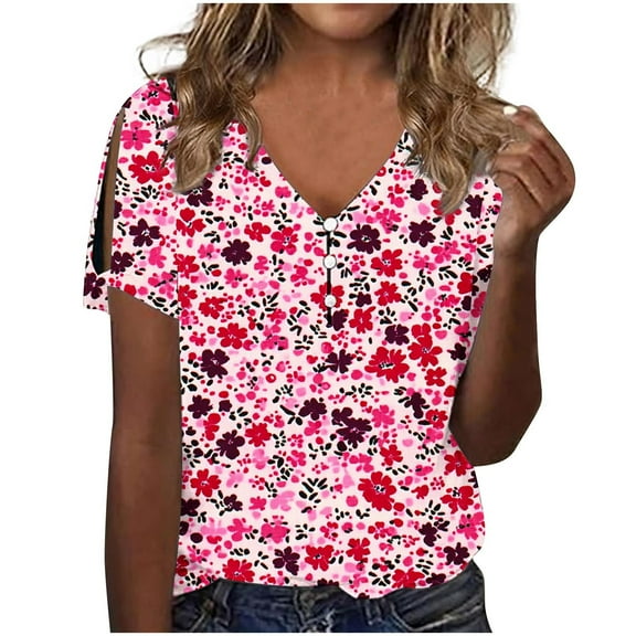 Uaswgudfs Women's V-Neck Floral Short Sleeve Blouse: Button Accents & Side Slit Detail for Oriental-Inspired Summer Casual TopsPink-BS