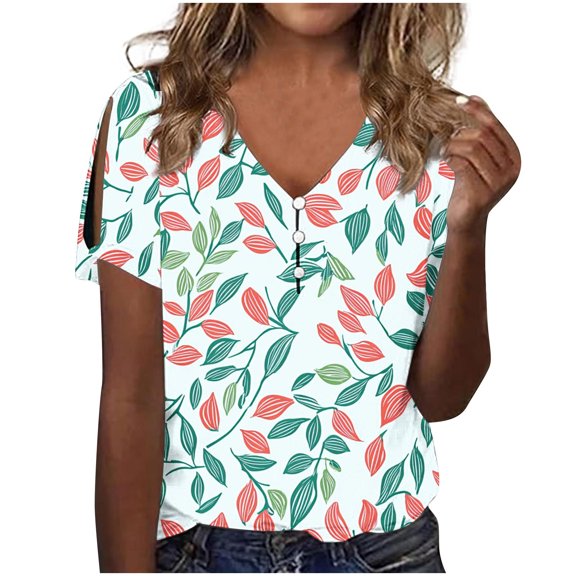 Uaswgudfs Women's V-Neck Floral Short Sleeve Blouse: Button Accents & Side Slit Detail for Oriental-Inspired Summer Casual TopsWhite2XL