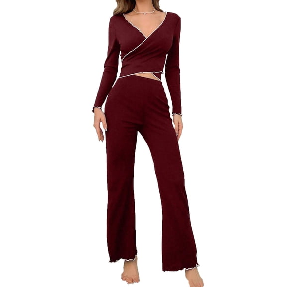 Uaswgudfs Women's V - Neck Long Sleeve 2 - Piece Lounge Set Comfy Pajamas Sleepwear & Outwear Soft Casual Home Wear