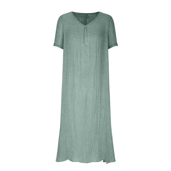 Uaswgudfs Women's ​V-Neck Pleated Short Sleeve Dress​ - Relaxed Fit with Chiffon Draped Hem for Summer Comfort Green XL