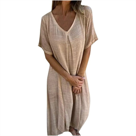 Uaswgudfs Women's ​V-Neck Pleated Short Sleeve Dress​ - Relaxed Fit with Chiffon Draped Hem for Summer Comfort White 3XL