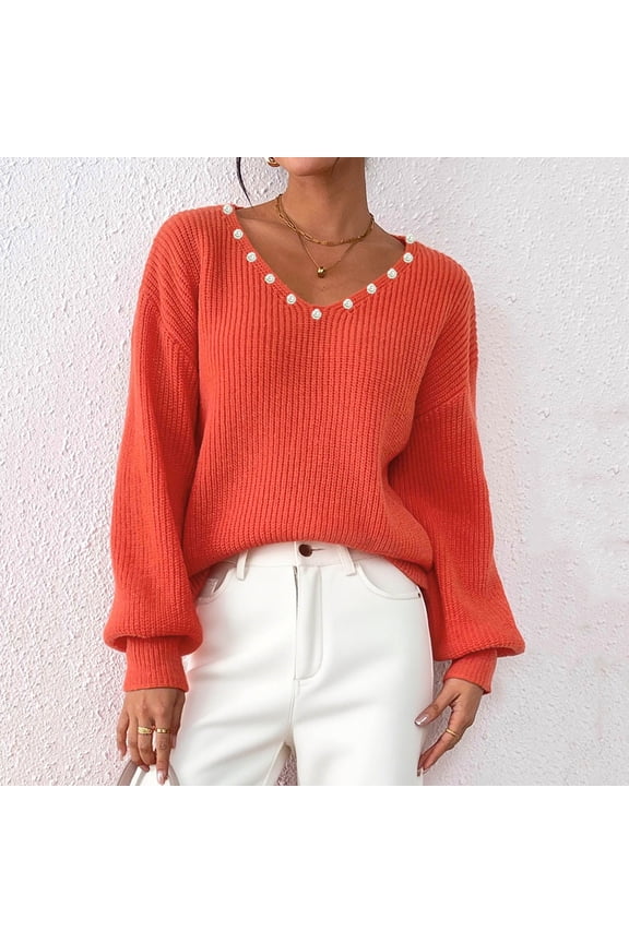 Women's V-Neck Ribbed Sweater: Pearl Embellishment, Long Sleeve Warmth for Fall/Winter Semi-Formal Wear