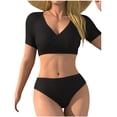 thumbnail image 1 of Uaswgudfs Women's V-Neck Short Sleeve Crop Top Bikini, Solid Triangle Bottom Surfing Bathing Suit for Beach Black 2XL, 1 of 8