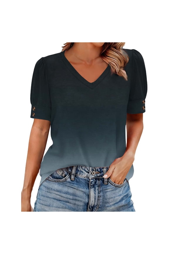 Women's V Neck Short Sleeve Print Top with Button Cuffs, Spring Summer Casual Loose Blouse Shirt Mock Cotton Stretch Fashion Tee Blue M