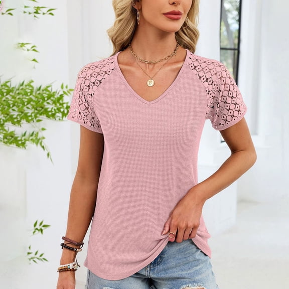 Uaswgudfs Women's V Neck Short Sleeve Pullover Tops - Casual Solid Color Trendy Lace Detail Blouses, Everyday Tees for Women Summer Pink XL