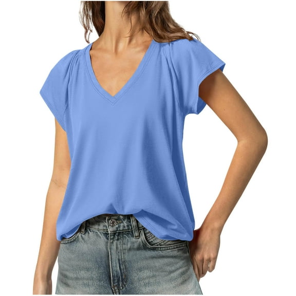 Uaswgudfs Women's V-Neck Short Sleeve Slim Blouse 2025 Top - Lightweight Drapey Fabric Minimalist Casual Shirt