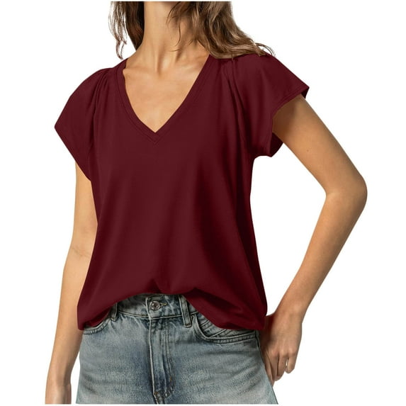 Uaswgudfs Women's V-Neck Short Sleeve Slim Blouse 2025 Top - Lightweight Drapey Fabric Minimalist Casual Shirt
