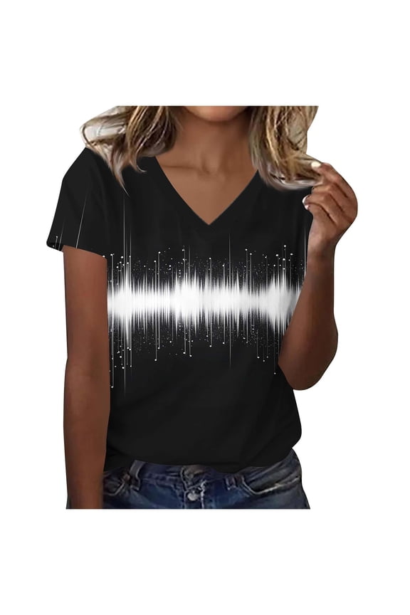 Women's V Neck Short Sleeve Tops Sound Wave Print Casual Blouses Summer Fashion T Shirts for Casual Outings White L