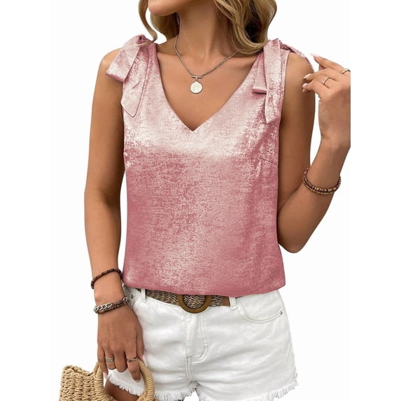 Uaswgudfs Women's V Neck Sleeveless Strappy Ruffle Bow Bling Tank Top Casual Solid Color Stretch Slim Fit Summer Top Pink 2XL