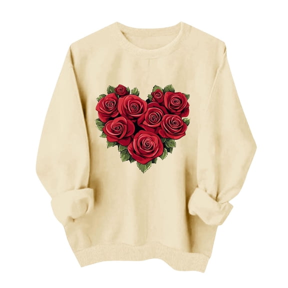 Uaswgudfs Women's Valentine's Day Crewneck Sweatshirt - Loose Fit Long Sleeve Casual Pullover with Red Rose Heart Print, Valentine Graphic Top for Women