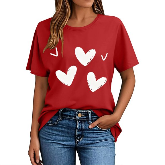 Uaswgudfs Women's Valentine's Day Graphic Tee - Ladies Round Neck Short Sleeve Top Womens Casual Daily Blouse Red 2XL