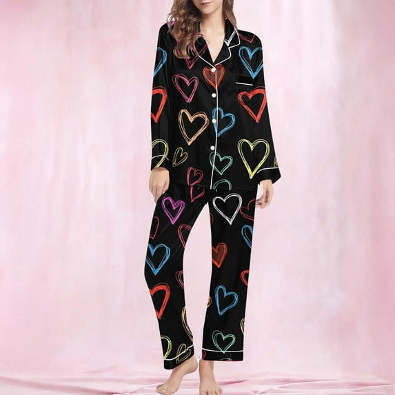 Uaswgudfs Women's Valentine's Day Heart Print Pajama Set - Long Sleeve Like 2-Piece Sleepwear