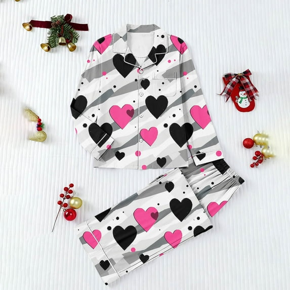 Uaswgudfs Women's Valentine's Day Long Sleeve Heart Print Pajama Set - 4 - Way Stretch, Loungewear Top & Bottom for Women
