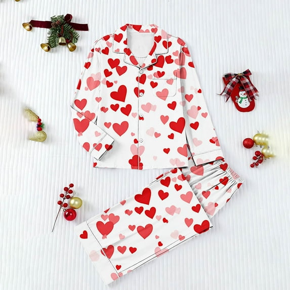 Uaswgudfs Women's Valentine's Day Long Sleeve Heart Print Pajama Set - 4 - Way Stretch, Loungewear Top & Bottom for Women