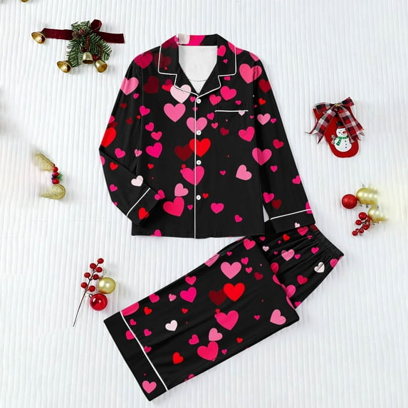 Uaswgudfs Women's Valentine's Day Long Sleeve Heart Print Pajama Set Casual Sleepwear with Pocket & White Contrast Trim Four - Way Stretch Fabric