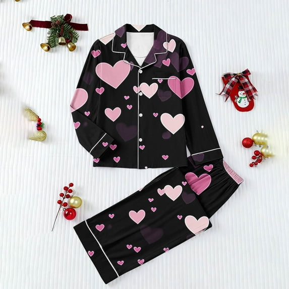 Uaswgudfs Women's Valentine's Day Long Sleeve Heart Print Pajama Set Casual Sleepwear with Pocket & White Contrast Trim Four - Way Stretch Fabric
