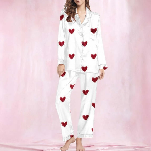 Uaswgudfs Women's Valentine's Day Pajama Set Long Sleeve Button Front Heart Print Casual Sleepwear Flannel-Like