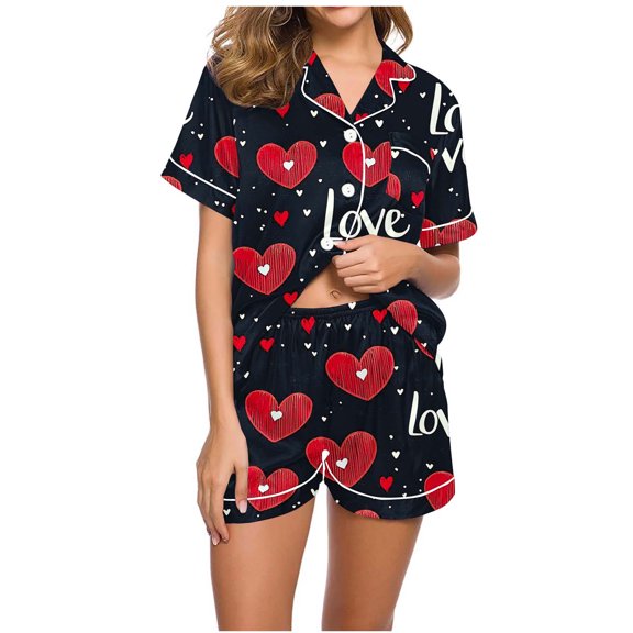 Uaswgudfs Women's Valentine's Day Pajama Set - Short Sleeve & Shorts Loungewear with Love & Heart Print, Collar & Pocket, Cute Printed Sleepwear Outfit for Women