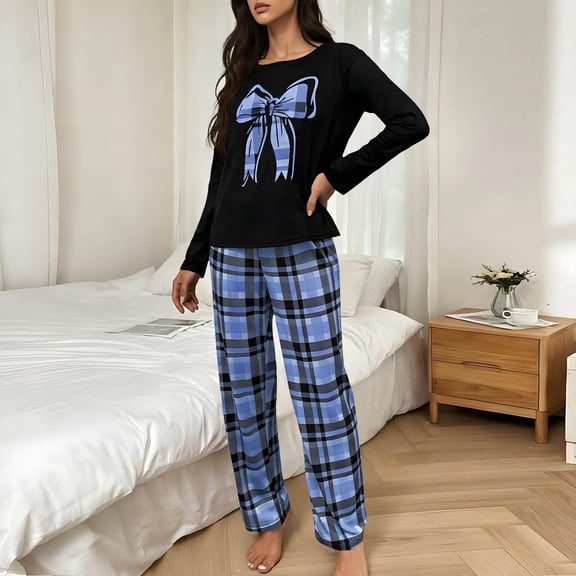 Uaswgudfs Women's Valentine's Day Print Long Sleeve Sleep Set Brushed Fleece Cozy Loungewear