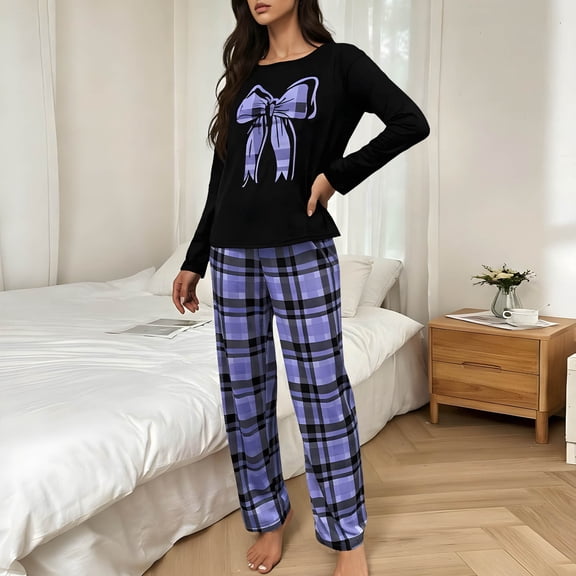 Uaswgudfs Women's Valentine's Day Print Long Sleeve Sleep Set Brushed Fleece Cozy Loungewear