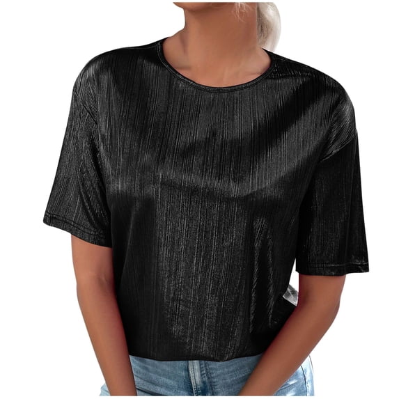 Uaswgudfs Women's Velvet-Like Short Sleeve Top | Glossy Elegant Blouse with Loose Fit - Comfy Multi-Occasion Wear for Evening/Casual