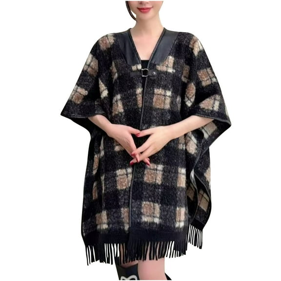 Uaswgudfs Women's Vintage Plaid Patchwork Knit Cape Coat, Unique Niche Retro Poncho Jacket, Fashion Statement Fringe Outerwear for Fall Winter Black Free Size