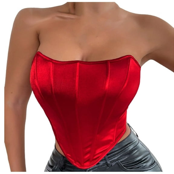 Uaswgudfs Women's Vintage Strapless Open Back Boned Mesh Bustier Corset Bodyshaper Crop Fashion Top
