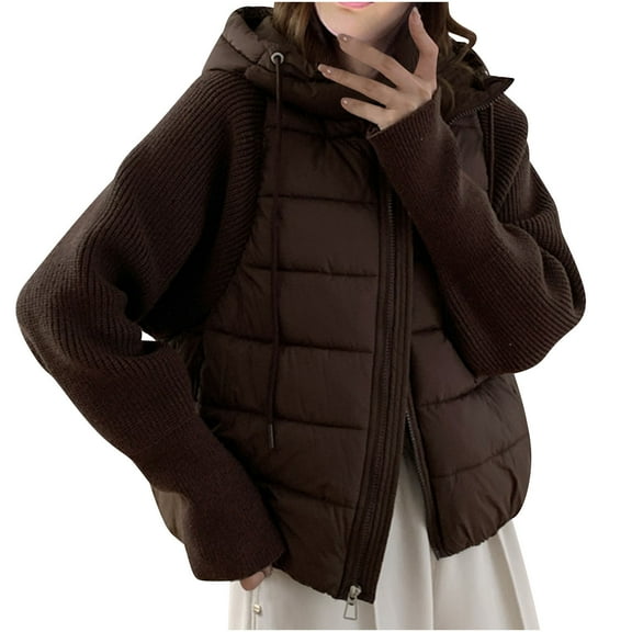 Uaswgudfs Women's Warm Cropped Puffer Jacket, Long Sleeve Hooded Casual Coat, Solid Color Winter Outerwear with Nylon & Spandex for Layering Brown 2XL