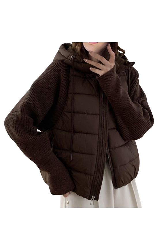 Women's Warm Cropped Puffer Jacket, Long Sleeve Hooded Casual Coat, Solid Color Winter Outerwear with Nylon & Spandex for Layering Brown 2XL
