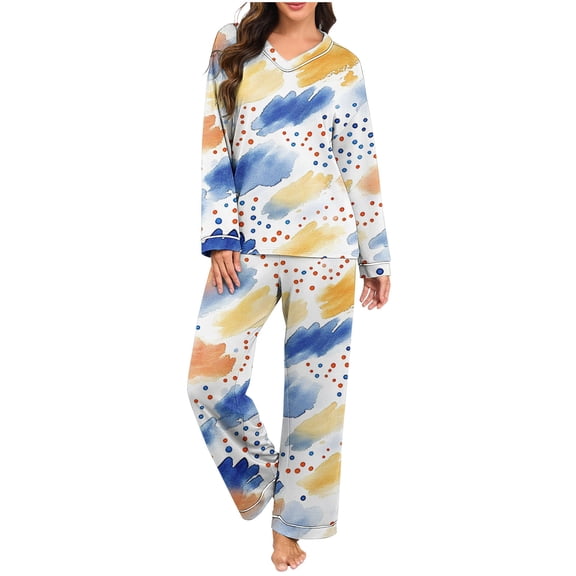 Uaswgudfs Women's Watercolor Print Pajama Set V-Neck Long Sleeve Loose Loungewear Top & Pants 2-Piece Casual Sleepwear Outfit for Women Daily Wear & Sleeping White S