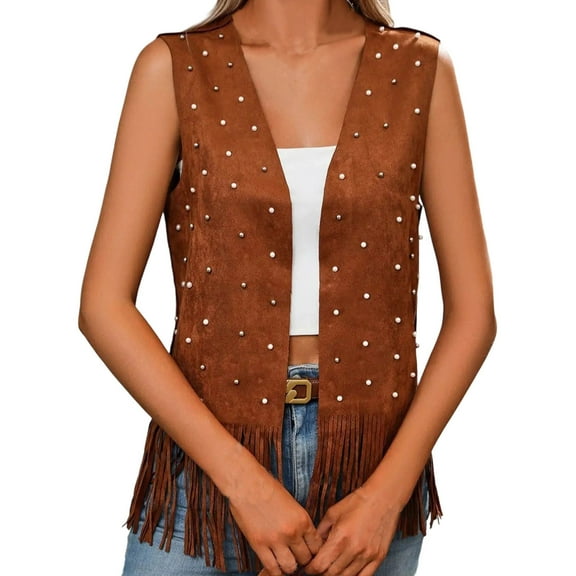 Uaswgudfs Women's Western Fringe Suede Vest - Sleeveless Fashion Jacket with Studded Details and Tassel Hem for Festival Casual Wear