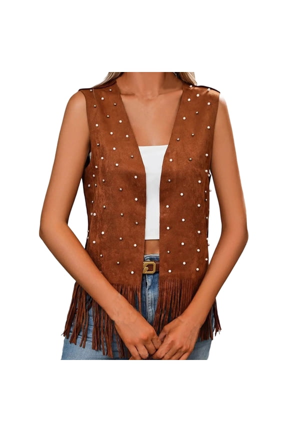 Women's Western Fringe Suede Vest - Sleeveless Fashion Jacket with Studded Details and Tassel Hem for Festival Casual Wear