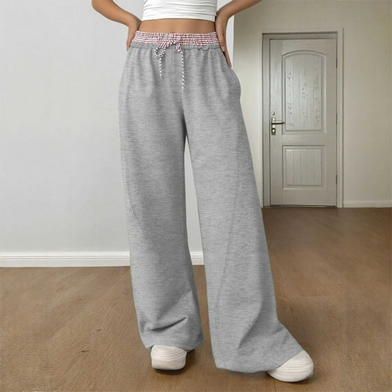Uaswgudfs Women’s Wide Leg Sweatpants Baggy Drawstring High Waisted Joggers Lounge Sweat Pants with Pockets 2025 Fall Gray L