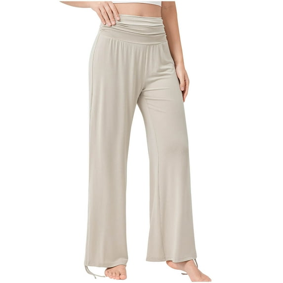 Uaswgudfs Women's Wide Leg Yoga Pants High Waisted Comfy Dance Sweatpants Loose Casual Soft Lounge Joggers with Pockets Beige M