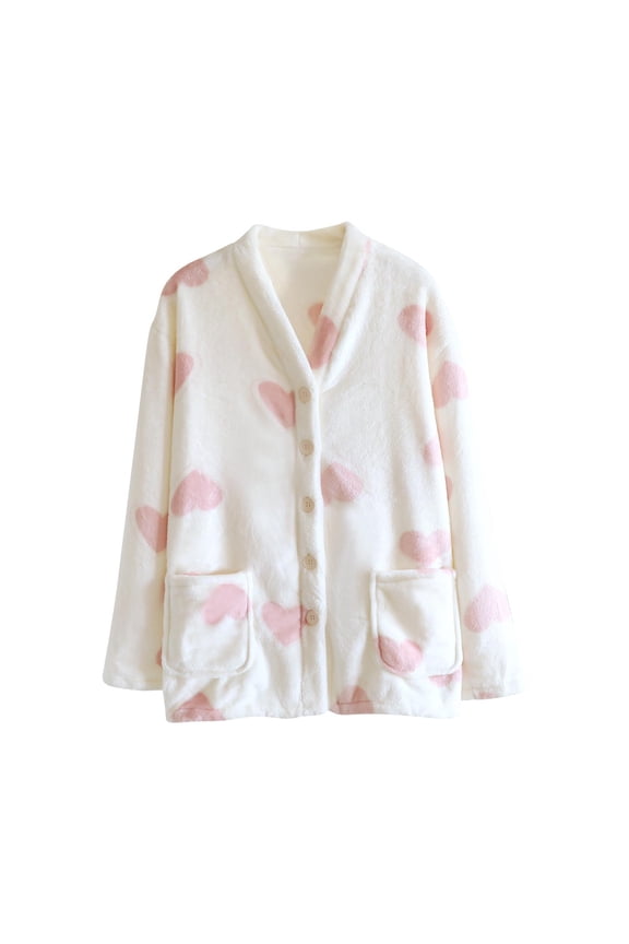Women's Winter Cozy Plush Pajama Top, Flannel Button-Down V-Neck Sleep Shirt, Heart Print Long Sleeve Loungewear Top for Ladies