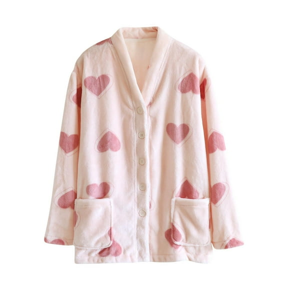 Uaswgudfs Women's Winter Cozy Plush Pajama Top, Flannel Button-Down V-Neck Sleep Shirt, Heart Print Long Sleeve Loungewear Top for Ladies