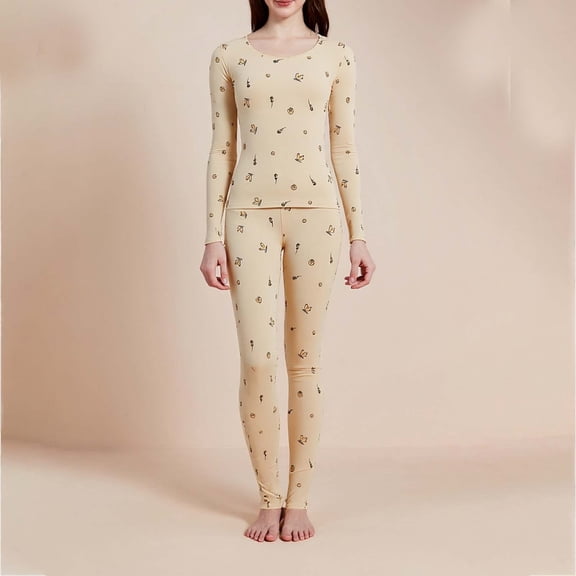 Uaswgudfs Women's Winter Crew Neck Thermal Set, Printed Cotton Long Sleeve Base Layer for Cold Weather, Slim Fit Thermal for Ladies