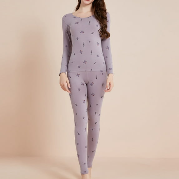 Uaswgudfs Women's Winter Crew Neck Thermal Set, Printed Cotton Long Sleeve Base Layer for Cold Weather, Slim Fit Thermal for Ladies
