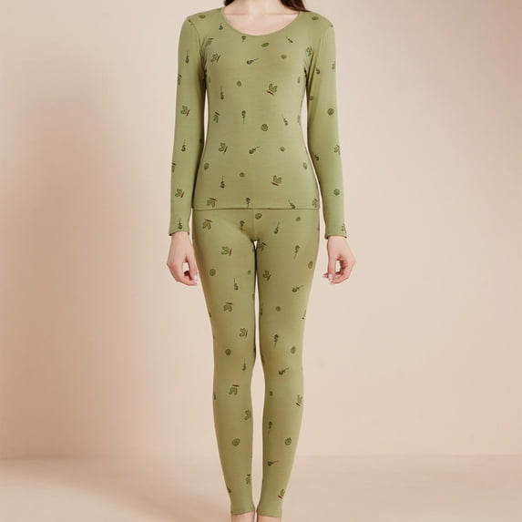 Uaswgudfs Women's Winter Crew Neck Thermal Set, Printed Cotton Long Sleeve Base Layer for Cold Weather, Slim Fit Thermal for Ladies