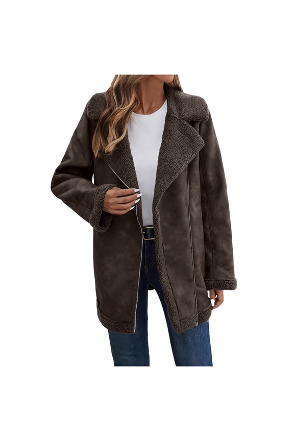 Women's Winter Faux Suede Jacket with Faux Shearling Lining, Long Sleeve Zip-Up Casual Coat/Jacket – Hot Trendy Warm Winter Essential Brown XL