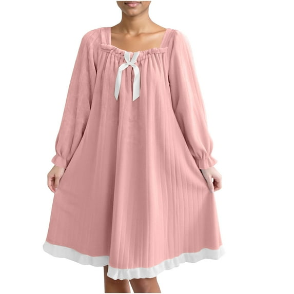 Uaswgudfs Women's Winter Flannel Nightgown, Doll Collar Princess Style Midi Sleep Dress, Cute Bow Casual Lounge Nightdress for Women Pink L