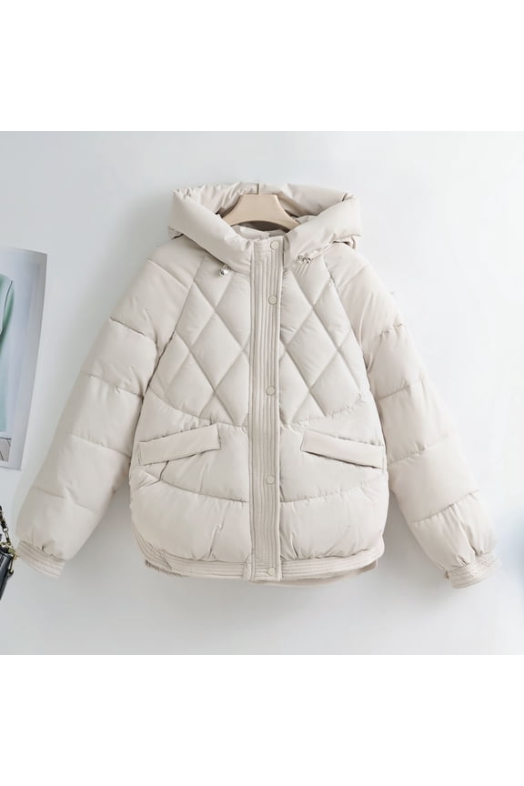 Women's Winter Hooded Puffer Jacket, Loose Thickened Cotton Coat, Solid Color Warm Outerwear with 100% Polyester for Casual Cold-Weather Wear White 2XL