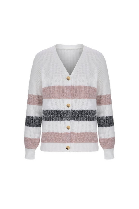 Women's Winter Knit Cardigan - V-Neck Button Front Striped Placket Relaxed Fit Wool Blend Warm