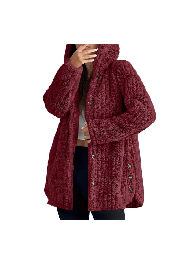 Women's Winter New Casual Long Sleeve Hooded Coat, Button-Front Fuzzy Sherpa Jacket, Warm Outerwear for Women - Trending Winter Apparel & Cozy Jackets Wine 3XL