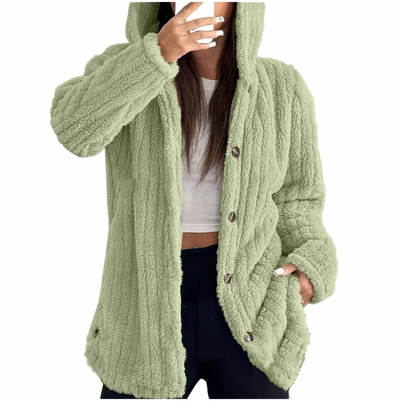 Uaswgudfs Women's Winter New Casual Long Sleeve Hooded Coat, Button-Front Fuzzy Sherpa Jacket, Warm Outerwear for Women - Trending Winter Apparel & Cozy Jackets Mint Green 3XL