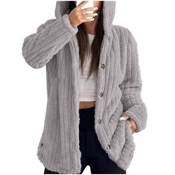Uaswgudfs Women's Winter New Casual Long Sleeve Hooded Coat, Button-Front Fuzzy Sherpa Jacket, Warm Outerwear for Women - Trending Winter Apparel & Cozy Jackets Gray 3XL